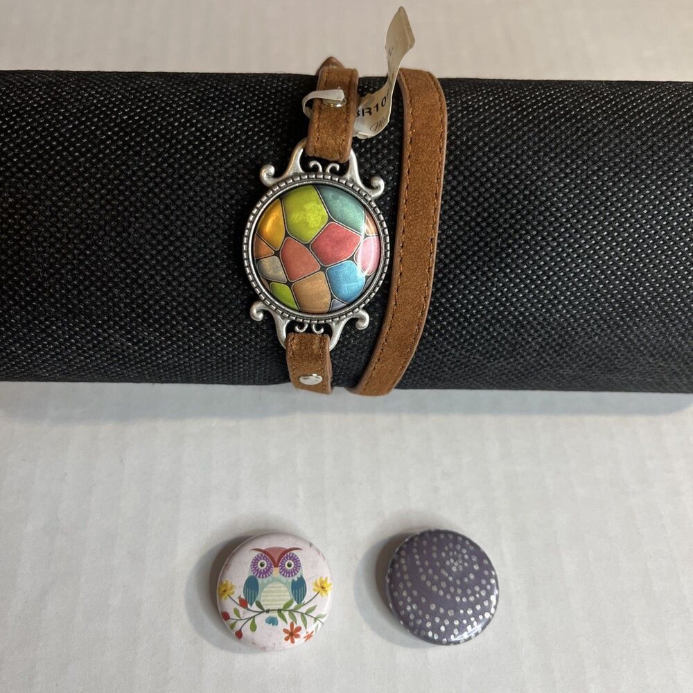 Magnabilities Wrap Bracelet M/L Brown Faux Leather Silver Accents 3 Inserts Owl